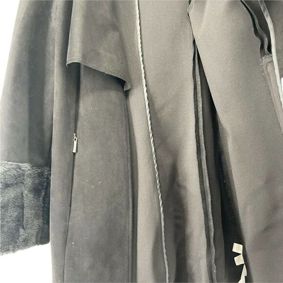 T Tahari Black Coat Draped Open Front Faux Fur Trim Vegan Microsuede Chic Size L - Picture 5 of 10